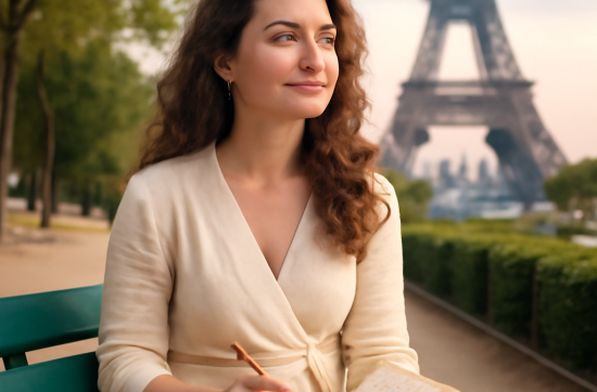 A lady sitted in a parc in Paris and writing in her notebook, she thinks about something and learns French