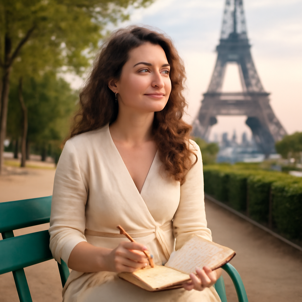 A lady sitted in a parc in Paris and writing in her notebook, she thinks about something and learns French