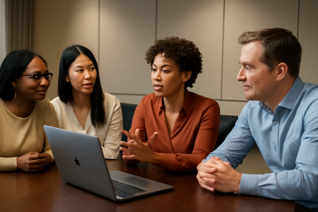 Four colleagues are discussing in French during a meeting.