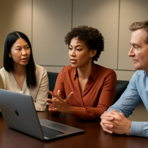 Four colleagues are discussing in French during a meeting.