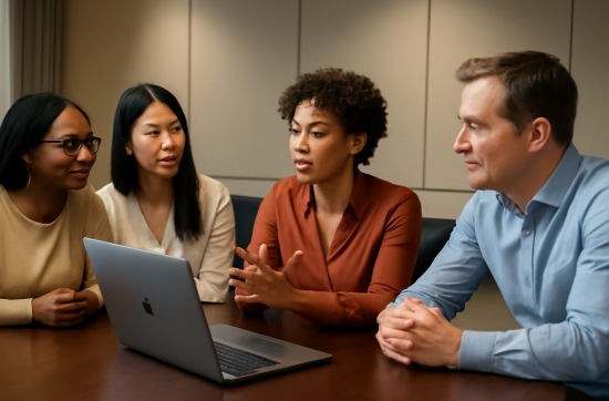 Four colleagues are discussing in French during a meeting.