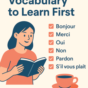 Infographic showing basic French vocabulary for daily life with illustrations of food, family, travel, greetings, and common objects.