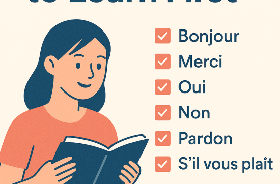 Infographic showing basic French vocabulary for daily life with illustrations of food, family, travel, greetings, and common objects.