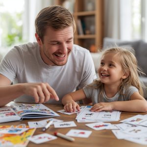 Father and his daughter are learning French with flashcards.