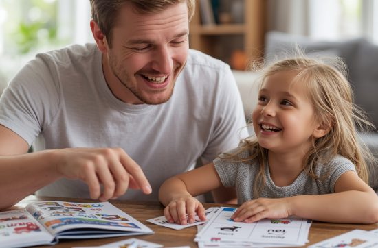 Father and his daughter are learning French with flashcards.