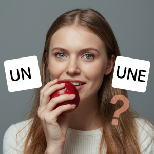 Beginner French learner choosing between "un" and "une" while holding an apple – common French learning mistakes with masculine and feminine nouns.