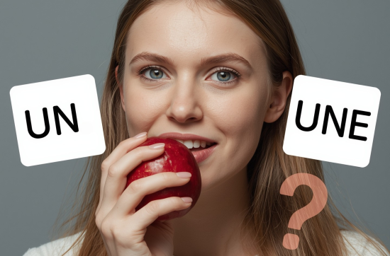 Beginner French learner choosing between "un" and "une" while holding an apple – common French learning mistakes with masculine and feminine nouns.