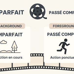 Infographic comparing passé composé and imparfait in French with examples and tips to understand French grammar rules.