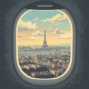 Paris view from airplane window at sunrise with Eiffel Tower, rooftops, and clouds – travel illustration in classic poster style.