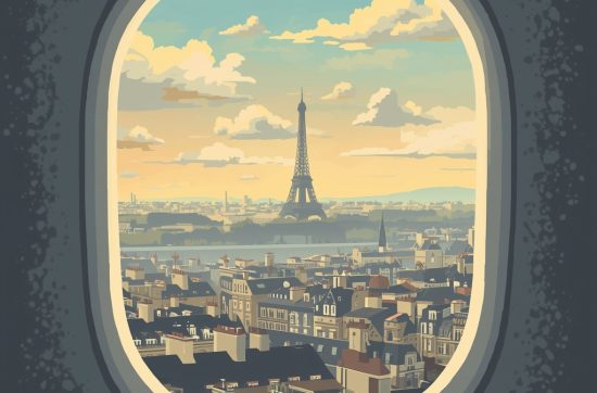 Paris view from airplane window at sunrise with Eiffel Tower, rooftops, and clouds – travel illustration in classic poster style.