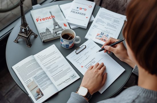 adult learner sitting at a café with several French learning books