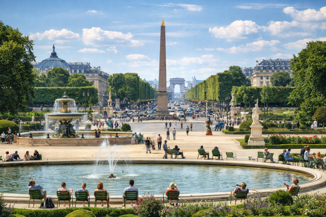View of Place de la Concorde and the Tuileries Garden in Paris on a sunny day, illustrating the joy and confidence of speaking French while traveling.
