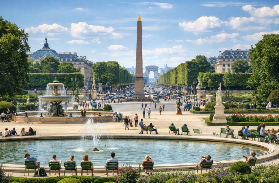 View of Place de la Concorde and the Tuileries Garden in Paris on a sunny day, illustrating the joy and confidence of speaking French while traveling.
