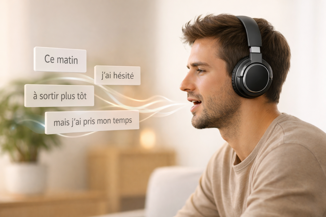 Language learner practicing French pronunciation with the shadowing technique, wearing headphones and speaking aloud while reading grouped French words
