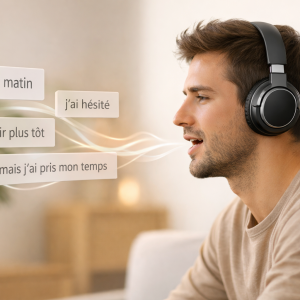 Language learner practicing French pronunciation with the shadowing technique, wearing headphones and speaking aloud while reading grouped French words