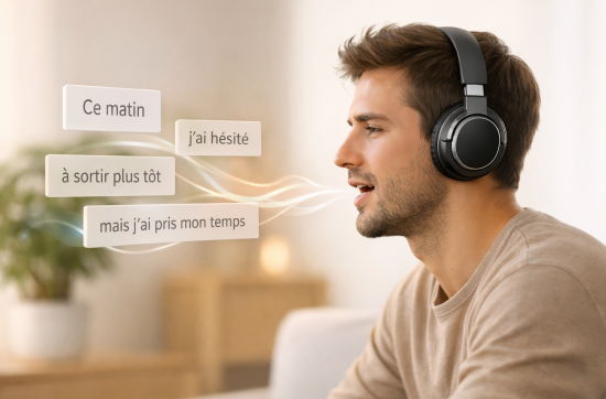 Language learner practicing French pronunciation with the shadowing technique, wearing headphones and speaking aloud while reading grouped French words