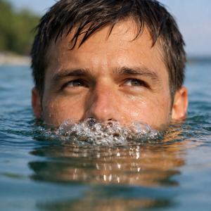 Person partially submerged in water, blowing bubbles at the surface, symbolizing the difficulty of expressing oneself verbally.