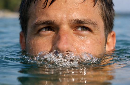 Person partially submerged in water, blowing bubbles at the surface, symbolizing the difficulty of expressing oneself verbally.