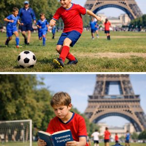 10-year-old boy playing soccer with a French team at Champ de Mars in Paris with the Eiffel Tower behind, contrasted with the same boy sitting alone reading a French grammar book, illustrating a child doesn’t speak French starting school in France.