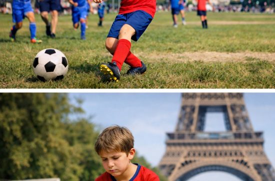 10-year-old boy playing soccer with a French team at Champ de Mars in Paris with the Eiffel Tower behind, contrasted with the same boy sitting alone reading a French grammar book, illustrating a child doesn’t speak French starting school in France.
