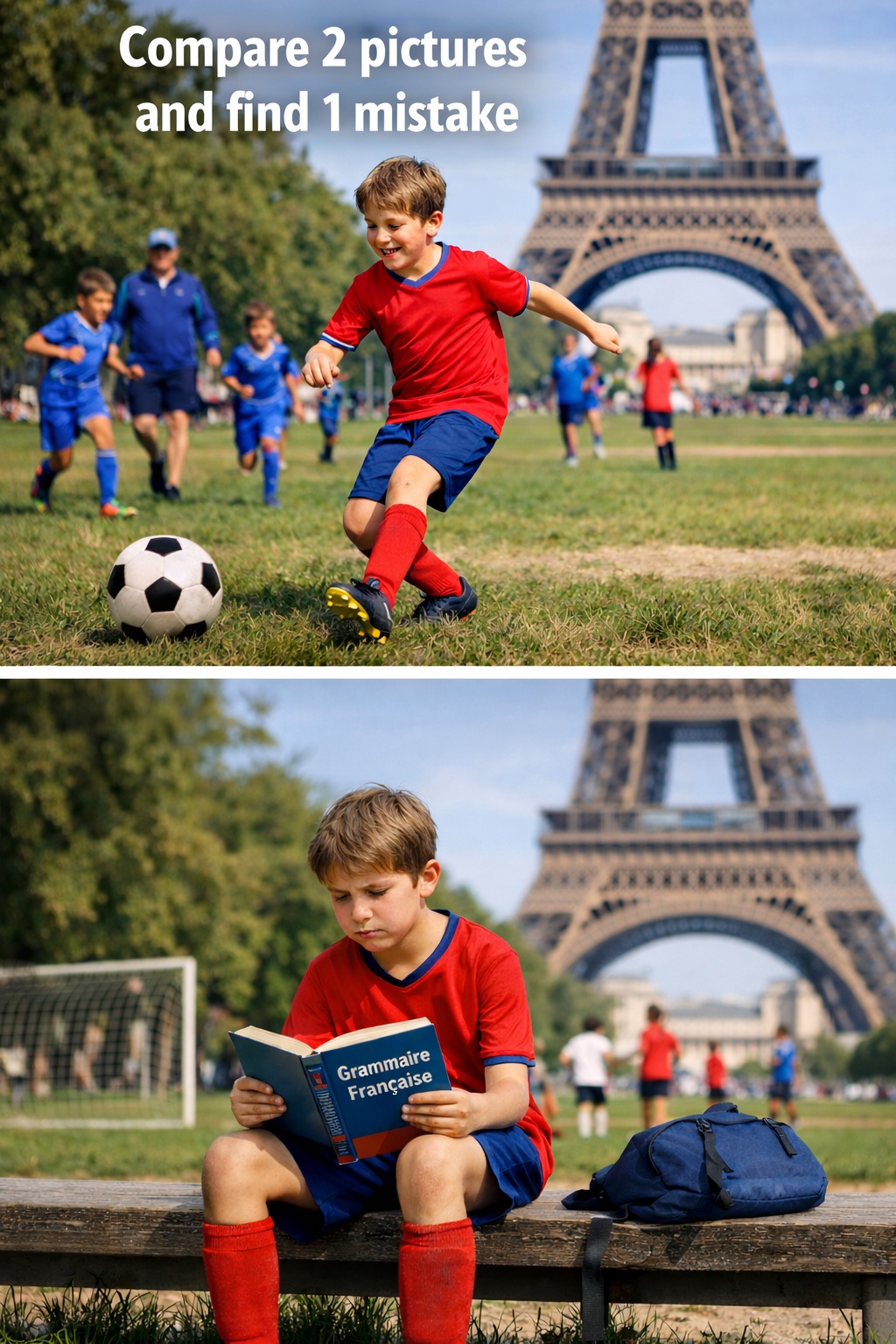 10-year-old boy playing soccer with a French team at Champ de Mars in Paris with the Eiffel Tower behind, contrasted with the same boy sitting alone reading a French grammar book, illustrating a child doesn’t speak French starting school in France.