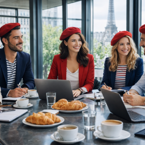 Modern glass meeting room in Paris with diverse professionals wearing chic Parisian outfits and red berets, working on laptops around a table with coffee and croissants, with the Eiffel Tower visible in the background.