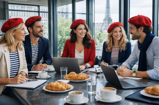 Modern glass meeting room in Paris with diverse professionals wearing chic Parisian outfits and red berets, working on laptops around a table with coffee and croissants, with the Eiffel Tower visible in the background.