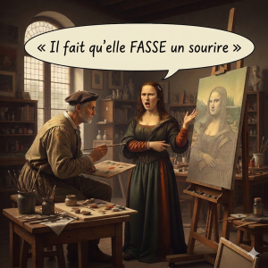 Illustration of a Renaissance painter working on a portrait resembling the Mona Lisa while a frustrated woman stands beside the canvas. A speech bubble says in French: “Il faut qu’elle FASSE un sourire,” humorously highlighting the use of the French subjunctive “fasse.”