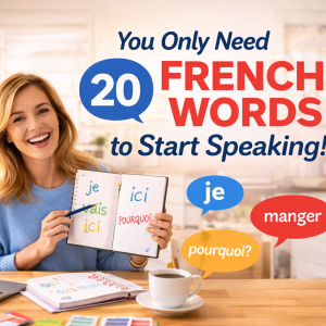 Woman learning French at home holding a notebook with basic French words to build simple French sentences for beginners
