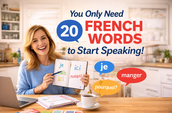 Woman learning French at home holding a notebook with basic French words to build simple French sentences for beginners