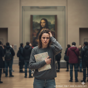 Lady in the Louvre Museum thinking how to learn French