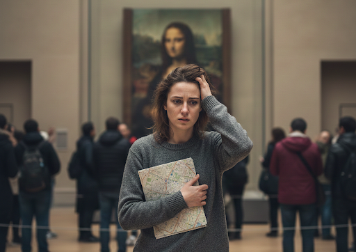 Lady in the Louvre Museum thinking how to learn French