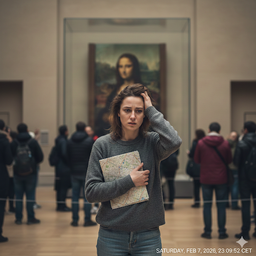 Lady in the Louvre Museum thinking how to learn French