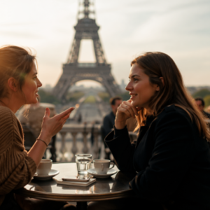 Two women having a lively conversation at a Paris café terrace with the Eiffel Tower in the background, symbolizing natural spoken communication and language learning through real interaction.