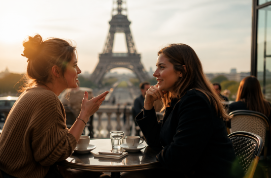 Two women having a lively conversation at a Paris café terrace with the Eiffel Tower in the background, symbolizing natural spoken communication and language learning through real interaction.