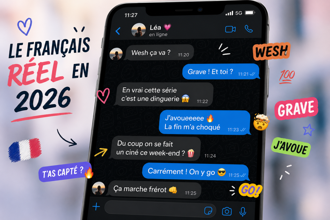 A smartphone displaying a casual French text conversation filled with modern slang expressions like “wesh,” “grave,” “j’avoue,” and “du coup,” surrounded by colorful social-media-style stickers and the title “Le français réel en 2026,” illustrating how young people really speak French today.