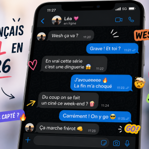 A smartphone displaying a casual French text conversation filled with modern slang expressions like “wesh,” “grave,” “j’avoue,” and “du coup,” surrounded by colorful social-media-style stickers and the title “Le français réel en 2026,” illustrating how young people really speak French today.