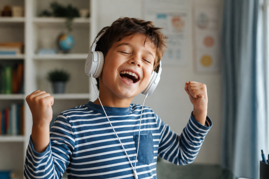 Smiling 7-year-old boy wearing headphones and joyfully listening to music in a cozy room, showing excitement and happiness while enjoying French songs or audio content.