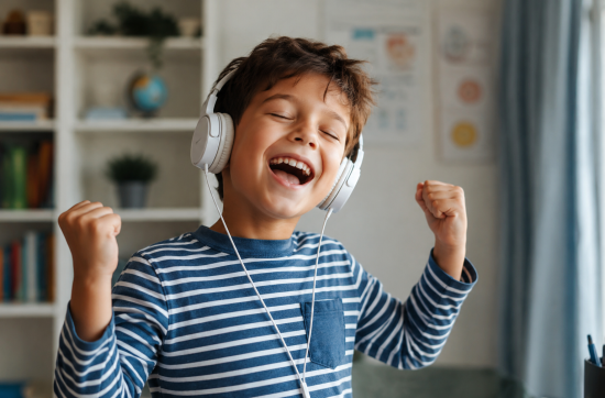 Smiling 7-year-old boy wearing headphones and joyfully listening to music in a cozy room, showing excitement and happiness while enjoying French songs or audio content.