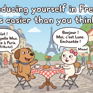 Cartoon-style illustration of a dog and a cat at a Parisian café introducing themselves in French, with the Eiffel Tower in the background.