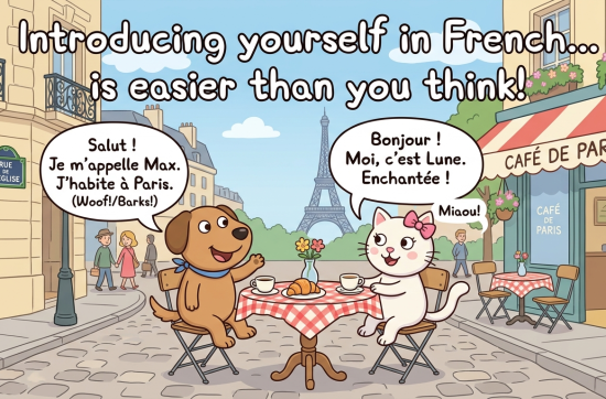 Cartoon-style illustration of a dog and a cat at a Parisian café introducing themselves in French, with the Eiffel Tower in the background.