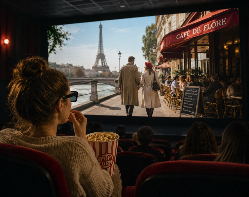 Person watching a French movie in a cinema with popcorn and 3D glasses, while a Parisian street scene with the Eiffel Tower and a French café appears on the screen.