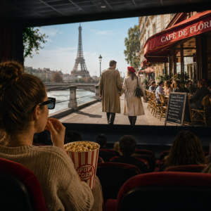 Person watching a French movie in a cinema with popcorn and 3D glasses, while a Parisian street scene with the Eiffel Tower and a French café appears on the screen.