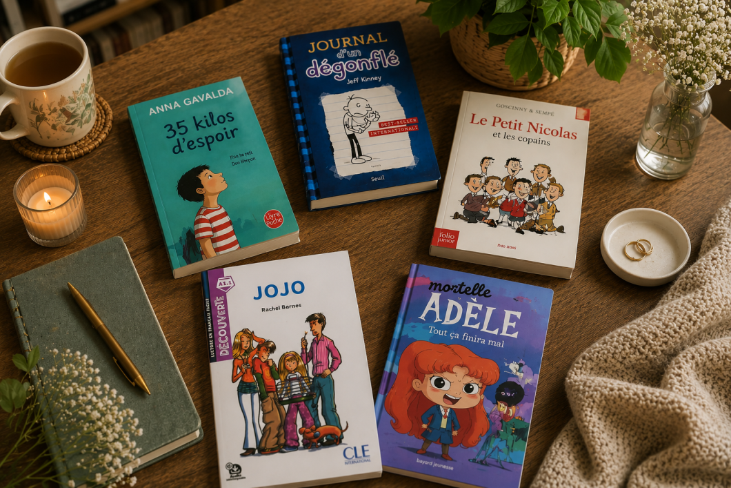 Cozy wooden table with beginner-friendly French books for kids and teens learning French, including Jojo, Le Petit Nicolas, Mortelle Adèle, 35 kilos d’espoir, and Journal d’un dégonflé, arranged with tea, candles, and plants in a warm reading atmosphere.