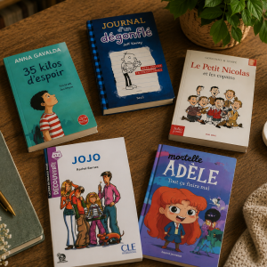 Cozy wooden table with beginner-friendly French books for kids and teens learning French, including Jojo, Le Petit Nicolas, Mortelle Adèle, 35 kilos d’espoir, and Journal d’un dégonflé, arranged with tea, candles, and plants in a warm reading atmosphere.