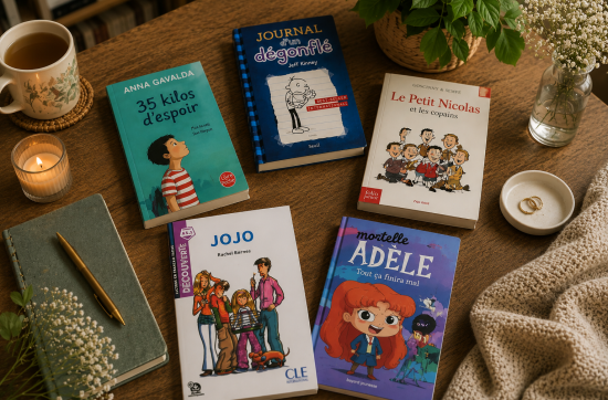 Cozy wooden table with beginner-friendly French books for kids and teens learning French, including Jojo, Le Petit Nicolas, Mortelle Adèle, 35 kilos d’espoir, and Journal d’un dégonflé, arranged with tea, candles, and plants in a warm reading atmosphere.