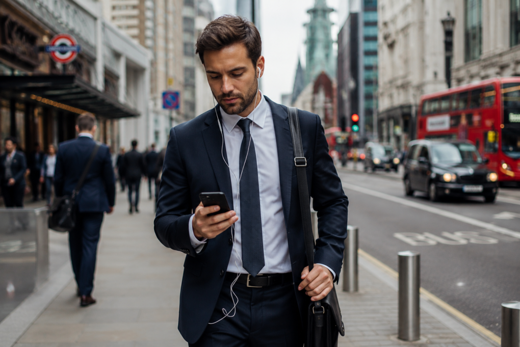 Businessman walking through a busy city street in a suit while listening to a French podcast with earphones during his morning commute.