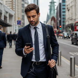 Businessman walking through a busy city street in a suit while listening to a French podcast with earphones during his morning commute.