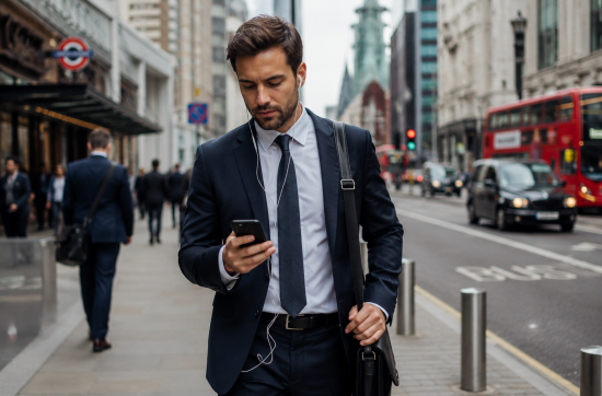 Businessman walking through a busy city street in a suit while listening to a French podcast with earphones during his morning commute.