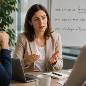 Professional woman in a business meeting looking uncertain while speaking French, illustrating common adjective agreement mistakes at work
